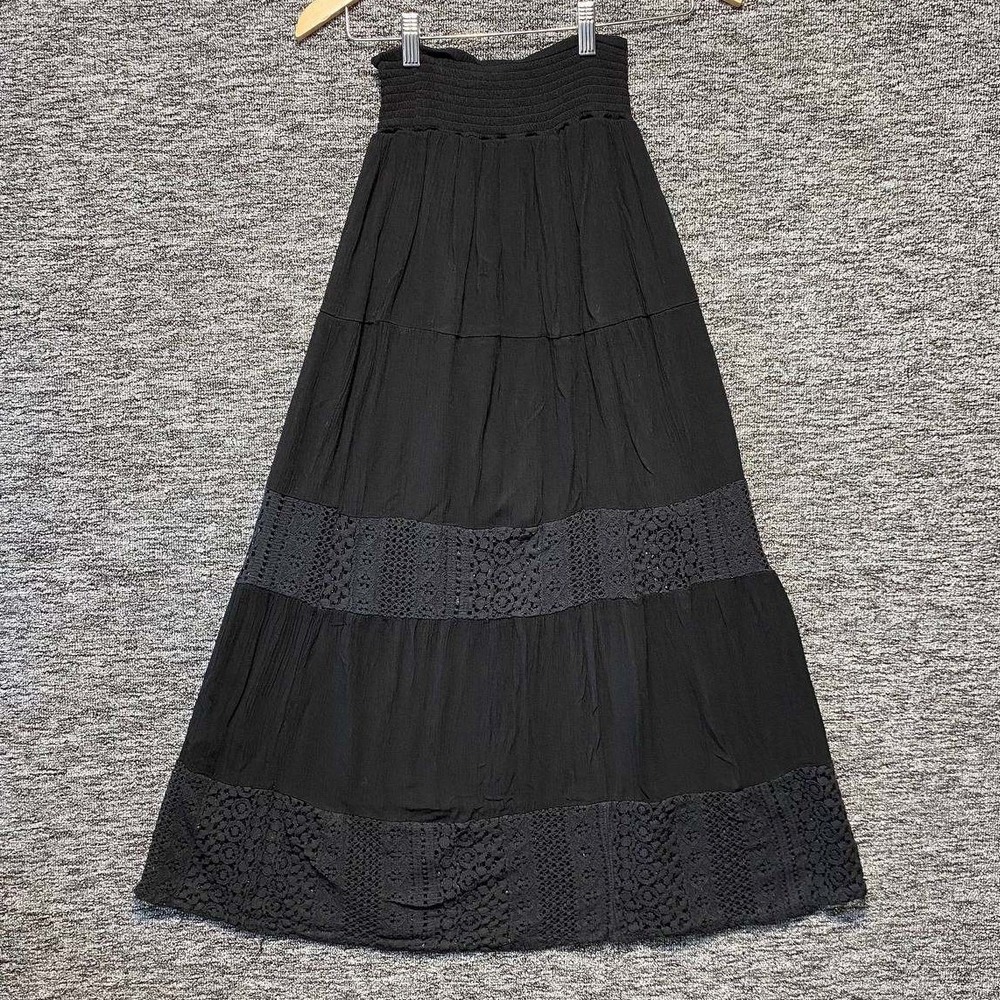 Joe B Maxi Skirt Womens XS Black Lace Tiered Smocked Waist Boho Whimsigoth Flowy